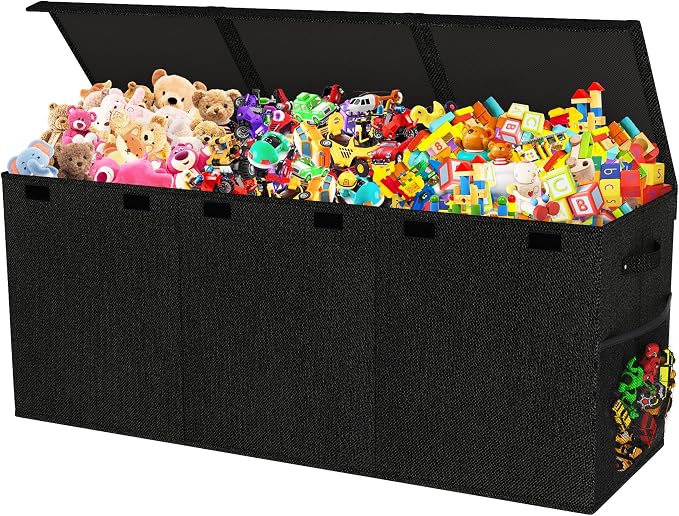 Extra Large Toy Box, Collapsible Toy Storage Organizer, 40"x16"x16", Black | Sturdy Kids Toys Bin Chest with 2 Mesh Pockets and Dividers for Boys Girls, Bedroom & Living room Toy Organization