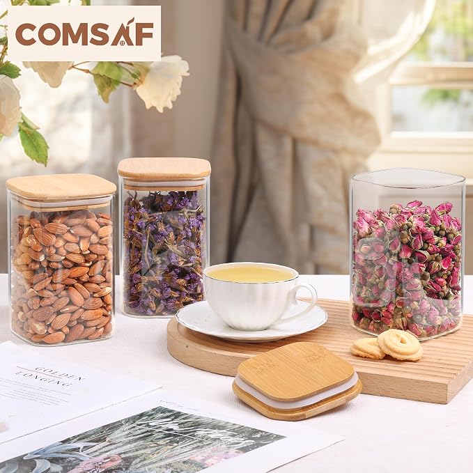 ComSaf Square Glass Containers With Lids 1.2 Qt, Set of 9 Pantry Galss Jars | Food Storage Jar, Kitchen Canisters, Storage Container, Bamboo Lid with Silicone Seal, Cookie, Flour, Spice, Coffee, BPA Free