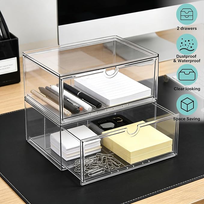 Prsildan Acrylic Makeup Organizer, 2 Pack Stackable Clear Storage Drawers for Baby Bottles Desk Organizers with 2 Drawers for Countertop Vanity Nursery Modular System for Cosmetics Jewelry