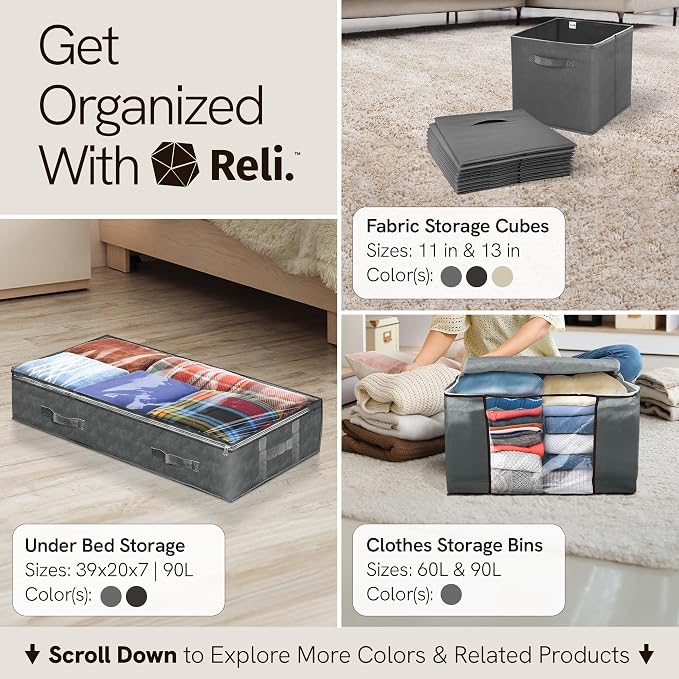 Reli. 90L Under Bed Storage Containers 4 Pack | Closet Organizer Bins | Large underbed storage bags with clear window, gray, dual zippers, 90L, 39x20x7, flat storage bins with lids, handles