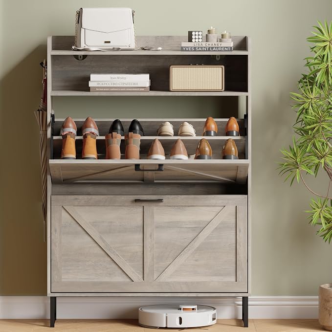 Shoe Cabinet with 2 Flip Drawers, Freestanding Hidden Shoe Storage Organizer for Entryway, Narrow Slim Shoe Rack Cabinet with Open Storage & Hooks for Front Door Entrance, Living Room, Hallway, Grey