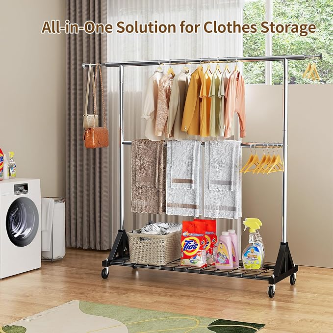 Luxspire Heavy Duty Clothes Rack with Lockable Wheels Load 600 LBS, Silver | Double hanging rods, heavy-duty iron mesh frame, adjustable extendable rods, ideal for laundry room & bedroom garment storage