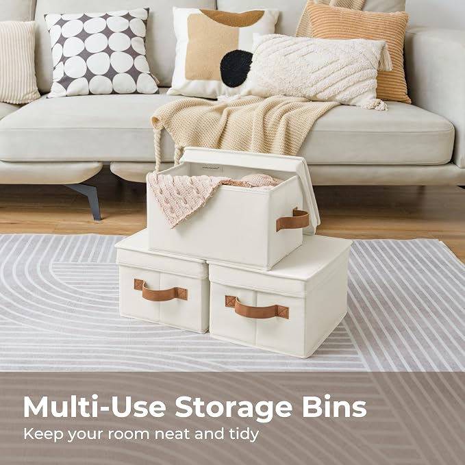 StorageWorks Storage Bins with Lids, Decorative Storage Boxes with Lid and PU Handles, Foldable Storage Baskets for Closet, Shelves, Stackable, Ivory, Medium, 3-Pack