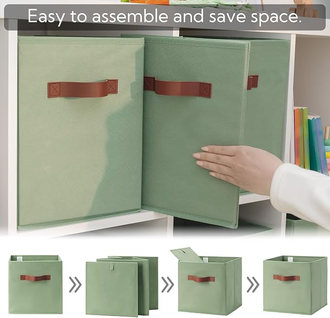 GRANNY SAYS 13 Inch Storage Cubes Organizer, Decorative Cube Storage Bins, Fabric Storage Bins with PU Handles, Collapsible Cubes Bins, Storage Cubes for Shelves, Closet, Sage Green, 6-Pack