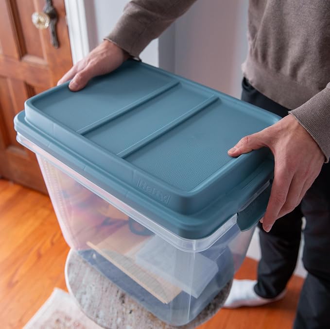 Hefty 6 Pack Lift Off Storage Bin with Lid, 32 Quart, Smoke Blue | Stackable Clear Plastic Container Totes for Home, Office, and Classroom Organization