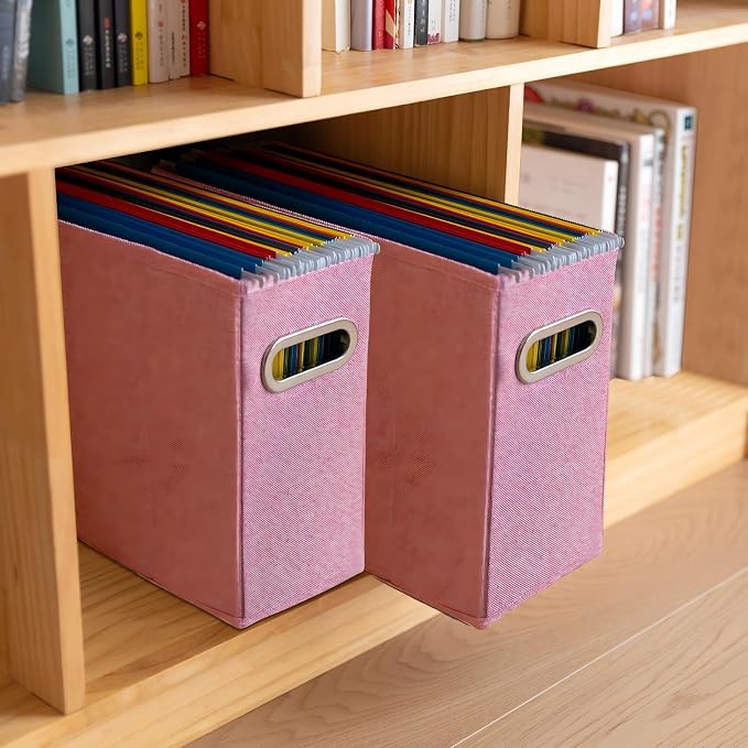 4 Pack Letter Size File Storage Box Collapsible,Fabric Hanging File Folders Organizer, Portable Office Document Holder with Metal Handle, Smooth PVC Rails, Pink