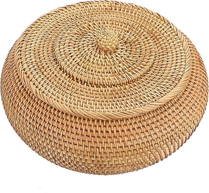 Hipiwe Round Rattan Boxes with Lid Natural Woven Storage Basket Bin Multi-Purpose Wicker Tray Weaving Decorative Shelf Basket Farmhouse Picnic Bread Fruit Table Storage Basket
