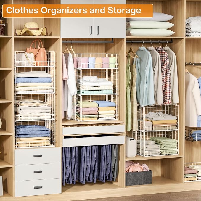 Yociyoga 4 Tier Stackable Closet Organizers and Storage Shelves, Foldable Closet Shelf Organizer System, Stackable Storage Bins Drawers for Clothes Organizer System, White(Patent No. 30022416)