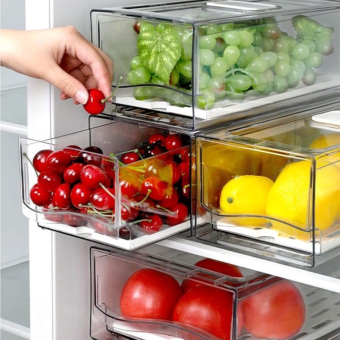 Diskary Fridge Organizer, Stackable Refrigerator Organizer Bins, Reusable Food Storage Containers, Fridge Drawer Organizer in Home Kitchen, Barbecue Shop, Restaurant, BPA-Free (2 Drawers, Medium)