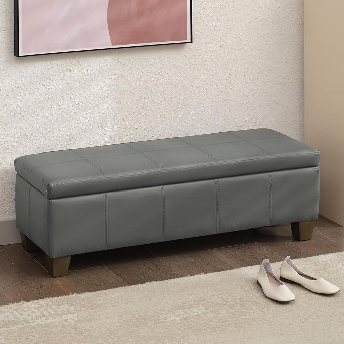 51 Inch Storage Ottoman, Storage Bench with Safety Hinge, Upholstered Synthetic Leather Ottoman Bench for Bedroom, Living Room, Entryway, Hallway, Foot Rest, Support 500lbs