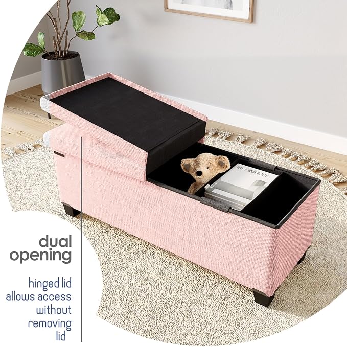 Storage Ottoman Bench with Bins, 43-in Storage Bench for Bedroom End of Bed, Folding Foot Rest Ottoman for Living Room Max 660lbs, Fabric Ottomans, Pink