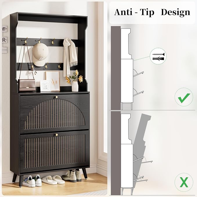 Fsbecl Shoe Cabinet for Entryway with 2 Flip Drawers & Coat Rack, Narrow Hidden Shoe Storage Cabinet with Fluted Panel, 2-in-1 Hall Tree Slim Freestanding Shoe Rack Organizer for Hallway
