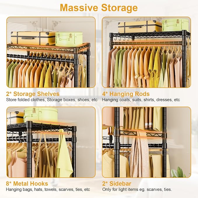 ULIFHOME P4 Rolling Clothes Rack, Clothing Racks for Hanging Clothes, Black | Heavy Duty Garment Rack with Wheels, 2-Tier Free Standing Portable Closet Racks 35.5''W × 20.5''D × 80.5''H, Max Load 560Lbs
