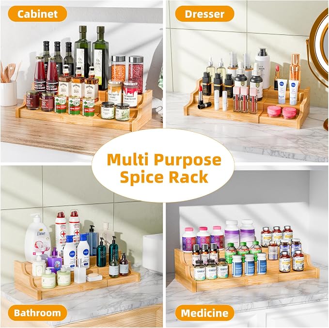 Simple Trending Spice Rack Kitchen Cabinet Organizer, 3 Tier Bamboo Expandable Spice Storage, Display Shelf for Cupboard, Pantry, Yellow