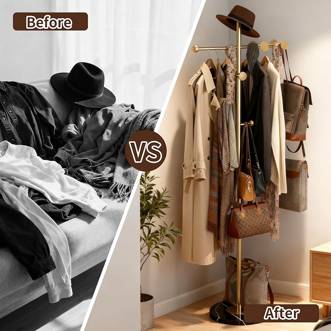 68.9 Inch Tall Modern Coat Rack,Gold Coat Tree Freestanding,Heavy-Duty Metal Coat Rack Freestanding with Sturdy Marble Base for Entryway,Hallway,Bedroom,Holds Coats Hats Bags Scarves