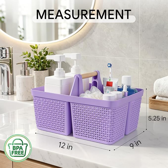 UUJOLY Portable Plastic Shower Caddy Basket with Wooden Handle, Purple | Divided Storage Organizer Tote for Bathroom, Dorm, College, Kitchen & RV – Lightweight, Easy-Carry Essentials Caddy