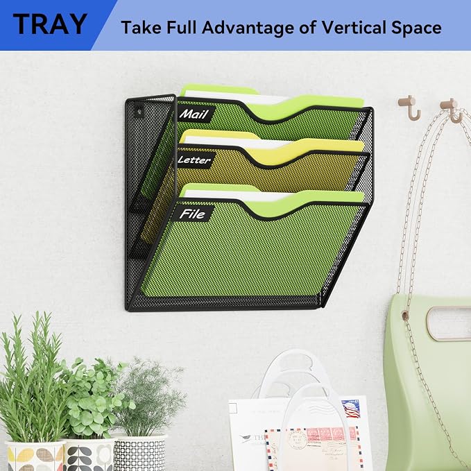 3 Pockets Hanging Wall File Organizer Mail Holder, Wall Mounted Paper Document Folder Holder, Clipboard Storage Organization Magazine Rack, Black