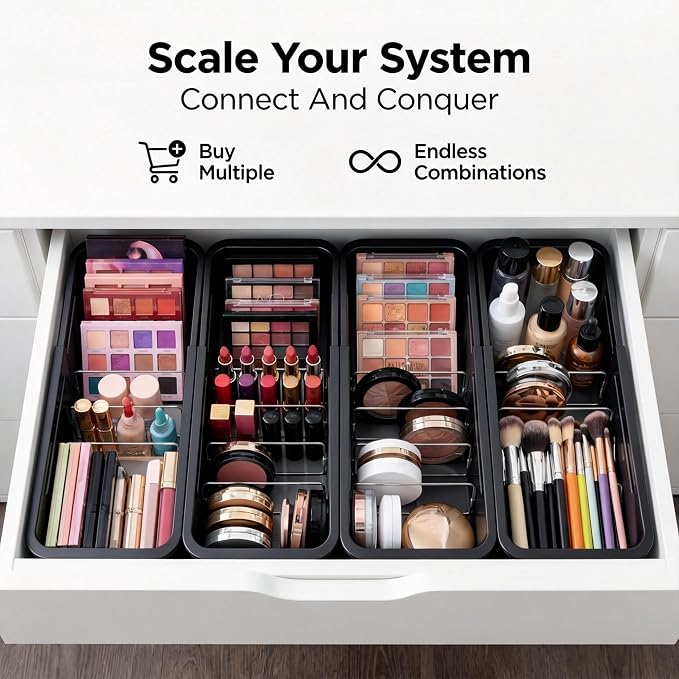 Li&Zhao Drawer Organizer- Adjustable Storage Bins with 5 Dividers, Gray Clear Drawer Organizer for Kitchen, Bedroom, and Office, Expandable clear organizer bins for Makeup, Utensils, and Gadgets