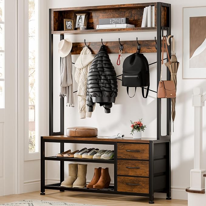 Hall Tree with Bench and 3 Drawers Storage, 39.4" Coat Rack Freestanding