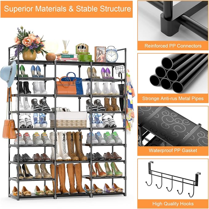 Kottwca 9-Tier Metal Shoe Rack Organizer for 50-55 Pairs - Space Saving Shoe Storage Shelf for Entryway, Closet, Bedroom, Hallway