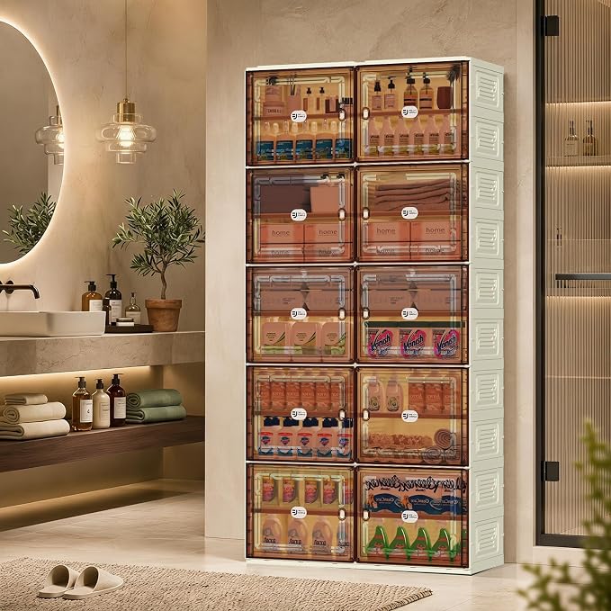 40 Pairs Shoes Storage Cabinet of 3-Step Fast Installation,Plastic Shoe Rack with Clear Magnetic Door for Display,Foldable Shoe Organizer for Entryway, Living Room, Garage (2 Row, 10 Tier)