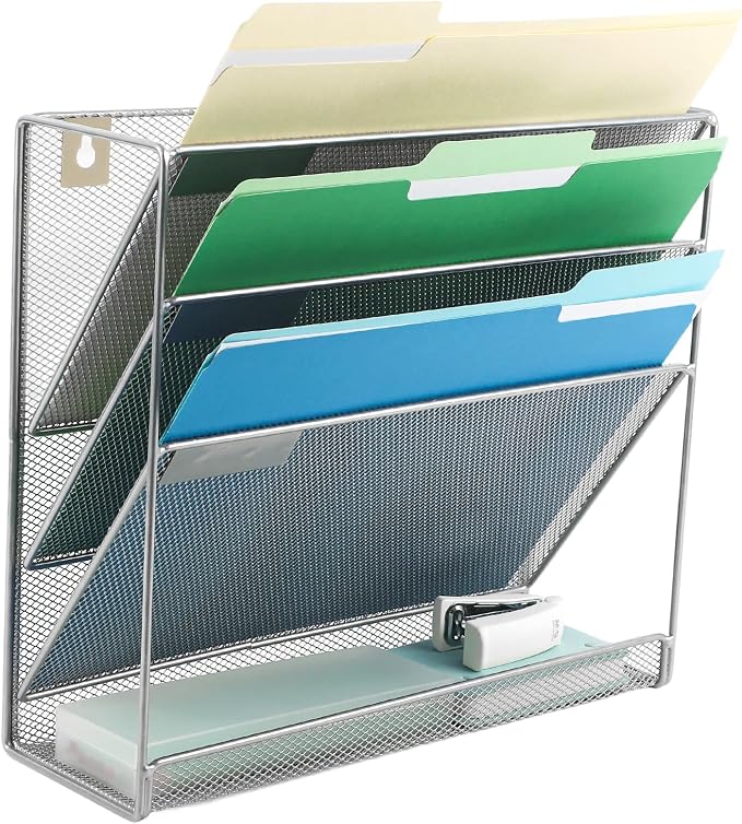 EASEPRES Desk File Organizer Mesh 4-Tier, Hanging Wall Mount Document Organization Stand, Desktop Vertical Mail Paper Folder Holder Rack with Bottom Tray for Office Home Cubicle Countertop, Silver