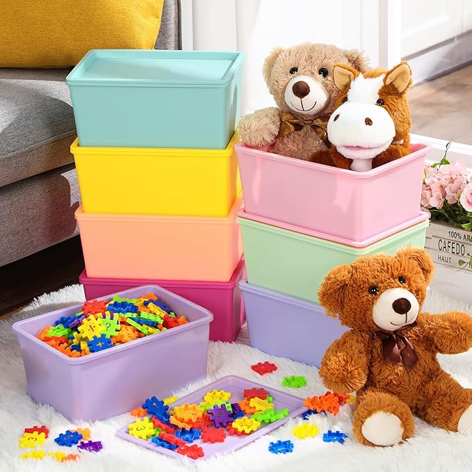 8 Pcs Storage Bins with Lids Small Plastic Storage Containers Stackable Storing Baskets Box Cute Organizer Bins for Organizing Shelves (Mixed Color)