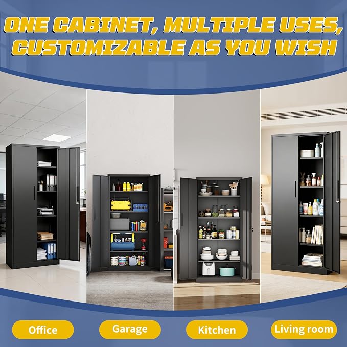 Metal Garage Storage Cabinet, 72" Steel Tool Cabinets with Lock | Tool Cabinet Utility Cabinets for Garage, Kitchen, Home Office, School, Shop, Office Cabinet with Adjustable Shelves