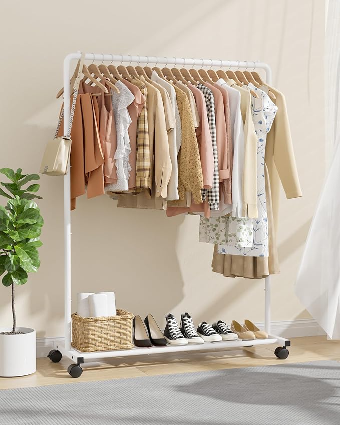 Sakugi Clothes Rack - Clothing Rack with Storage Mesh Shelf & Casters, Heavy-Duty Metal Clothing Rack for Hanging Clothes, Dresses, Coats, Large Load Capacity, Easy Assembly, White, 44.3"x16.9"x59.0"