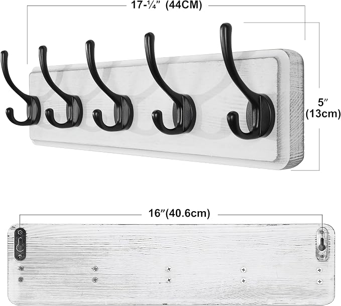 SKOLOO Rustic Wall Mounted Coat Rack, 16 inches Hole to Hole, Case of 2, Pine Solid Wood Coat Hook Hanger - 5 Hooks for Hanging Clothes Robes Towels Coats