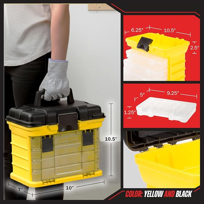 Portable Tool Box - Small Parts Organizer with Drawers and Customizable Compartments for Hardware, Tackle, Beads, or Crafts by Stalwart (Yellow)