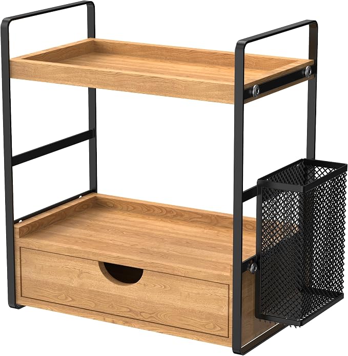 Bathroom Counter Organizer with Drawer and Basket,Wood Countertop Organizer for Bathroom Decor Makeup Tray for Perfume Skincare Bedroom Kitchen Corner