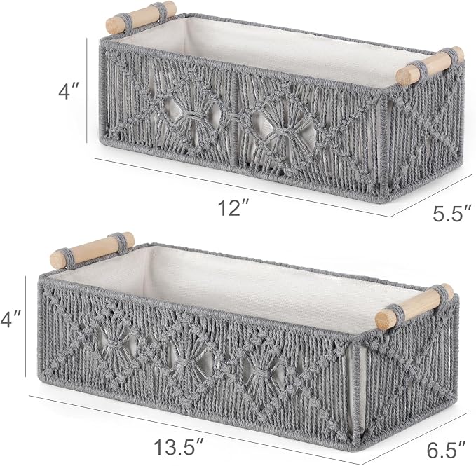 Mkono Macrame Storage Baskets Boho Decor Box Handmade Woven Decorative Countertop Toilet Tank Shelf Cabinet Organizer for Bedroom Livingroom Home, Set of 2, Grey | Small Baskets for Organizing, Hand-Woven, Bohemian Beach Coastal Decor, Shelf Vanity Cab...