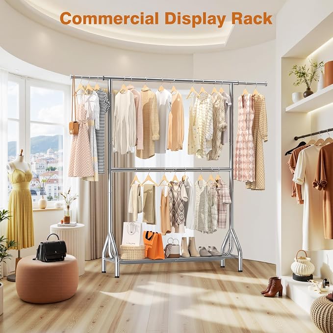 EAGMAK Double Rod Clothing Rack Load 622 LBS, Heavy Duty Clothes Rack for Hanging Clothes, 82.68 inch High Garment Rack with Sotrage Shelves, Metal Clothing Hanger Closet Wardrobe Organizer (Silver)