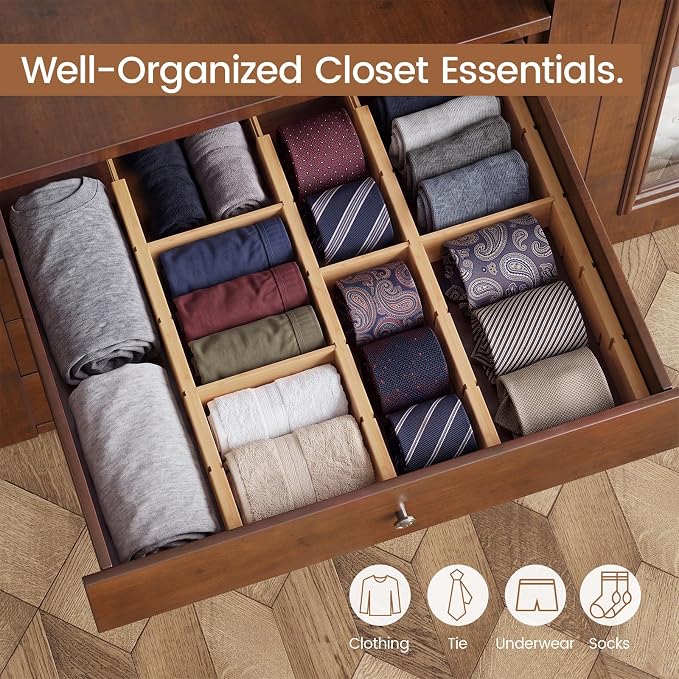 Bamboo Drawer Dividers 8 Pack with Inserts, Kitchen Adjustable Drawer Organizers for Home, Bedroom, Dresser, Expandable Organization 8 Dividers with 16 Inserts