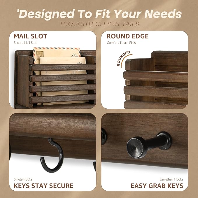 Rebee Vision Key Holder Wall Mount with Mail Slot for Home Decor, Brown | Pine Wood, Round Corner, 8 Key Hooks, Key Holder for Wall, Mail Organizer, Bill Storage, Home Aesthetic