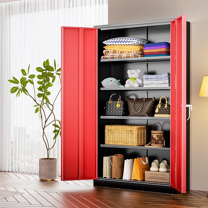 INTERGREAT Metal Storage Cabinet with Doors, 72" Locking Steel Storage Cabinet with Shelves, Tall Metal Cabinet Lockable Steel Cabinets for Home Office, Garage,(Black+Red)