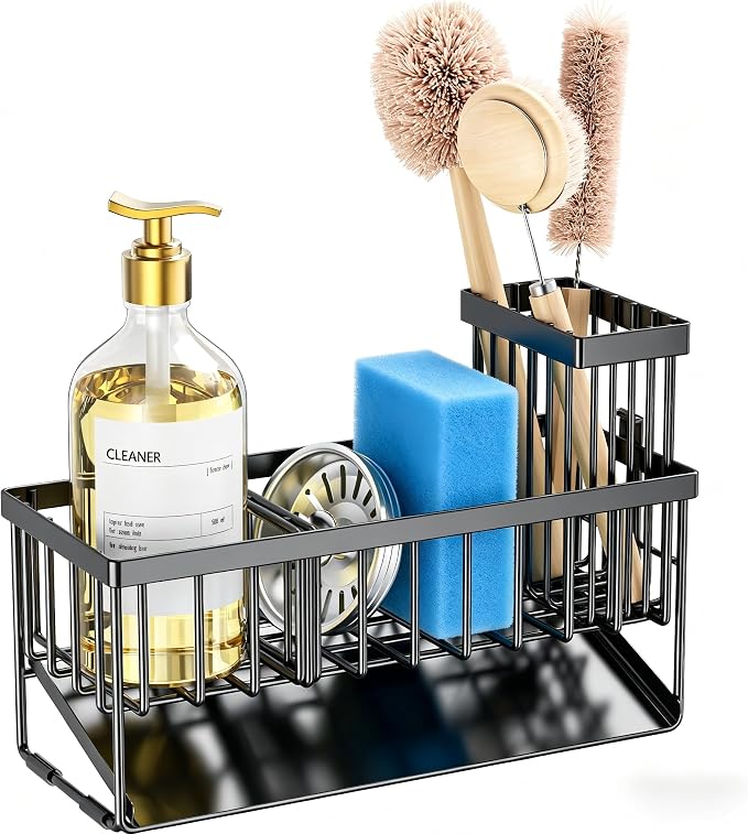 Cisily Sink Caddy Sponge Holder for Kitchen with Brush Holder and Stainless Steel Self Drain Tray, Rustproof Kitchen Sink Organizer for Sponge, Soap Dispenser Storage Accessories