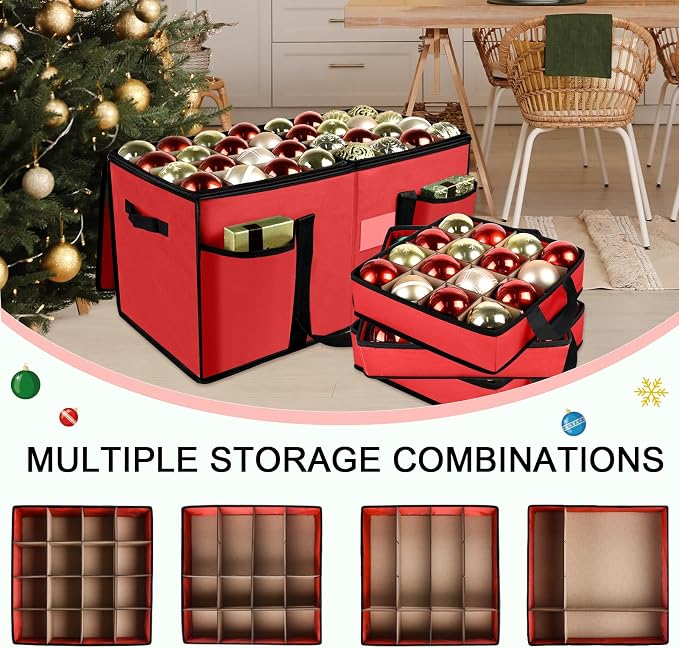 Christmas Ornament Storage Box with Dividers, Holds 128 Balls, Red | 600D Oxford Fabric, Adjustable Dividers, Removable Trays, Dual Zippers, Reinforced Handles