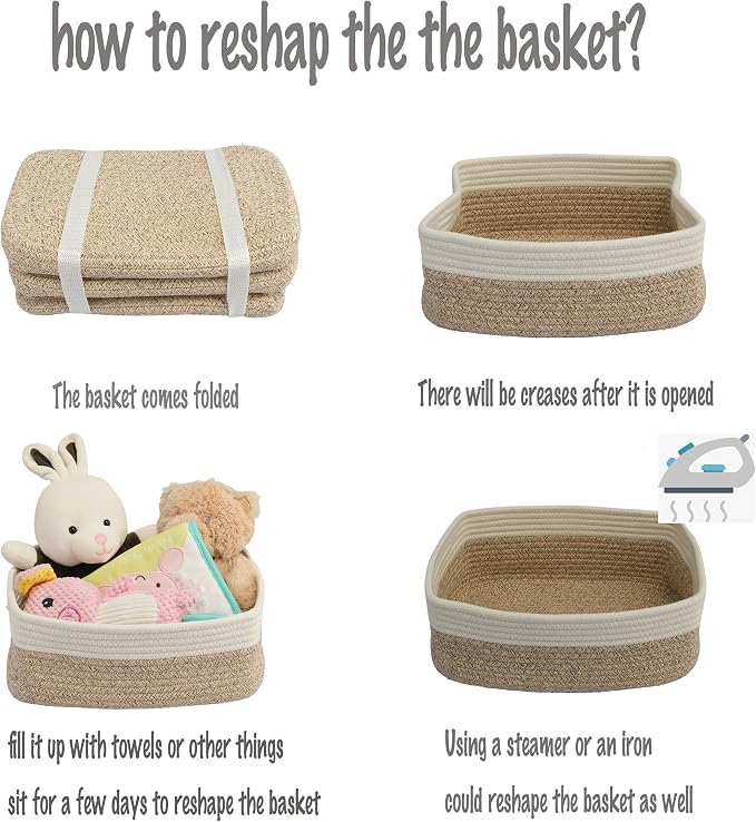 XUANGUO Small Woven Storage Baskets for Shelves, 12" x 8" x 5", White/Brown | Decorative rope storage bins for closets and toy storage; cute organizer baskets, empty gift baskets and nursery storage.