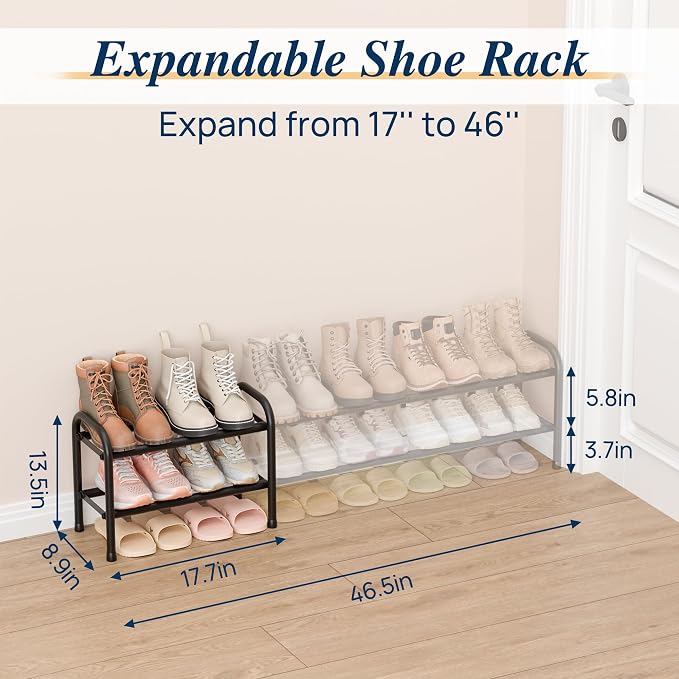ENJOYBASICS 2 Tier Expandable Shoe Rack for Closet, Small Metal Shoe Organizer, 12 Pairs, Black