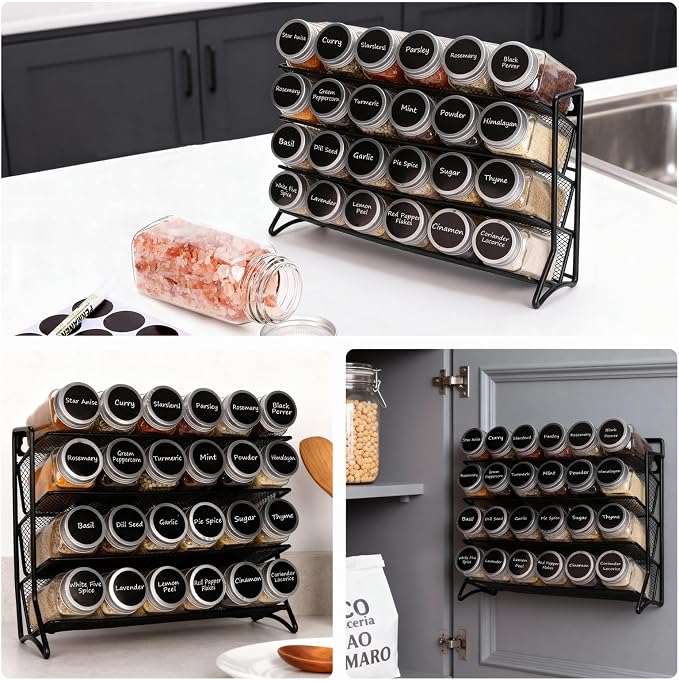 DIDITIME Spice Rack Organizer with 24 Glass Jars and 60 Labels, 4-Tier Seasoning Organizer for Cabinet, Countertop, Pantry or Wall Mount, Rust-Resistant Carbon Steel Spice Jar Set with Marker