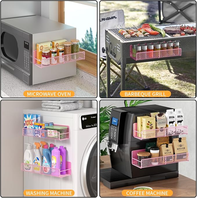 DTUQYX Magnetic Spice Rack for Refrigerator, 4 Pack 100% Metal Strong Magnet Fridge Shelves, Space Saving Spice Organizer, No Drilling Moveable Home Kitchen Laundry Room Storage Organization, Pink