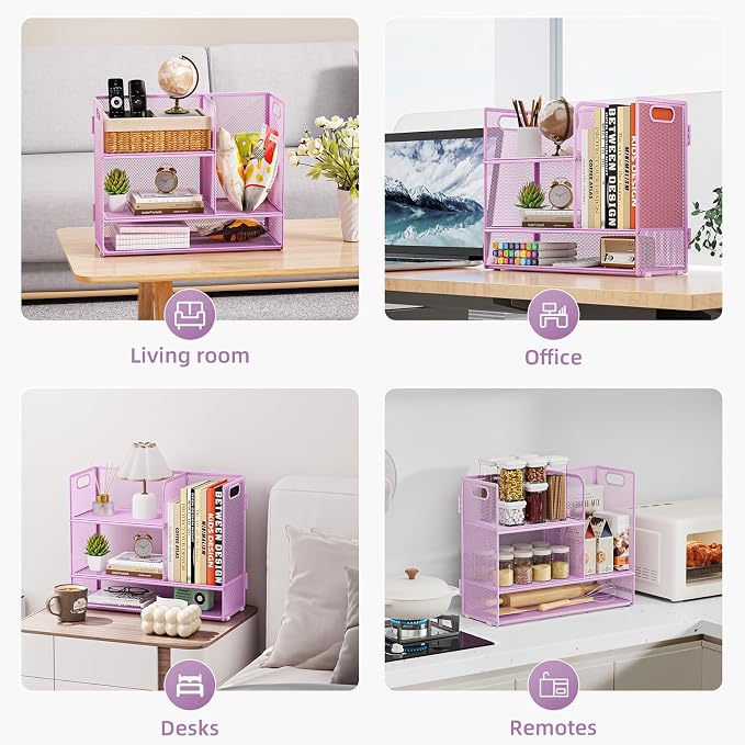 Marbrasse Desk Shelf Organizer with Handle, Bookshelf File Holder, Purple | 3-Tier Desktop Mesh Display Shelf Organizer Storage Rack for Office, Home, Supplies, Kitchen