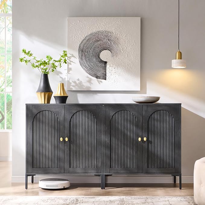 IFGET 61.75" W Modern Arch Sideboard Buffet Cabinet with Storage, Dark Grey | Fluted Arched Sideboard Cabinet w/Adjustable Shelves, Wood Modular Kitchen Cabinet for Dining& Living Room, Entryway