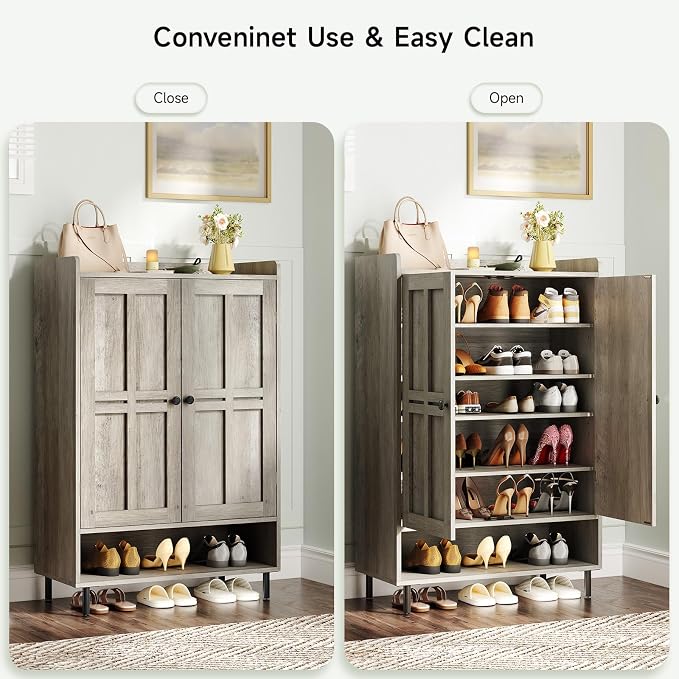 ONBRILL Shoe Cabinet with Cross Molding Doors, 6-Tier Shoe Storage Cabinet with 3 Adjustable Shelves and Metal Legs, 45'' Tall Shoes Rack Organizer Cabinet for Entryway, Front Door, Gray Wash