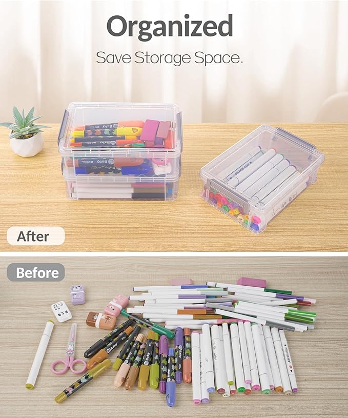 Sooez 6 Pack Extra Large Pencil Box, Plastic Pencil Case Crayon Box | Clear Marker Organizer Plastic Containers with Lid, Stackable Storage Boxes for Art Craft,Back to School Supplies, Blue