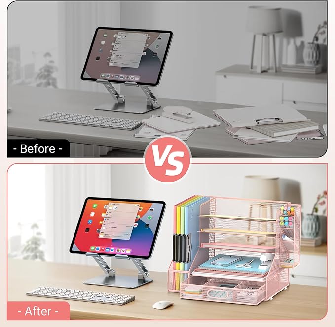 5-Tier Desk Organizer with File Holder & Pen Holder & Sliding Drawer, Pink | Mesh Metal Paper Letter Tray for Papers, Mail, Office Supplies, and Desk Accessories