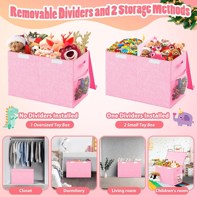Large Toy Storage Box with Lid & Dividers, Collapsible Kids Toy Chest, Pink | Toy Box for Boys, Girls, Nursery, Bedroom, Living Room, Playroom, 25 x 13 x 16 inches