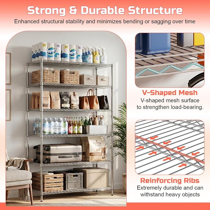 FDW 48 inch L×18 inch W×76 inch H Wire Shelving Unit Metal Shelf with 6 Tier Casters Adjustable Layer Rack Strong Steel for Restaurant Garage Pantry Kitchen Garage, Chrome